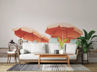 Orange umbrellas stand out on the Chillout wall mural inside this modern living room