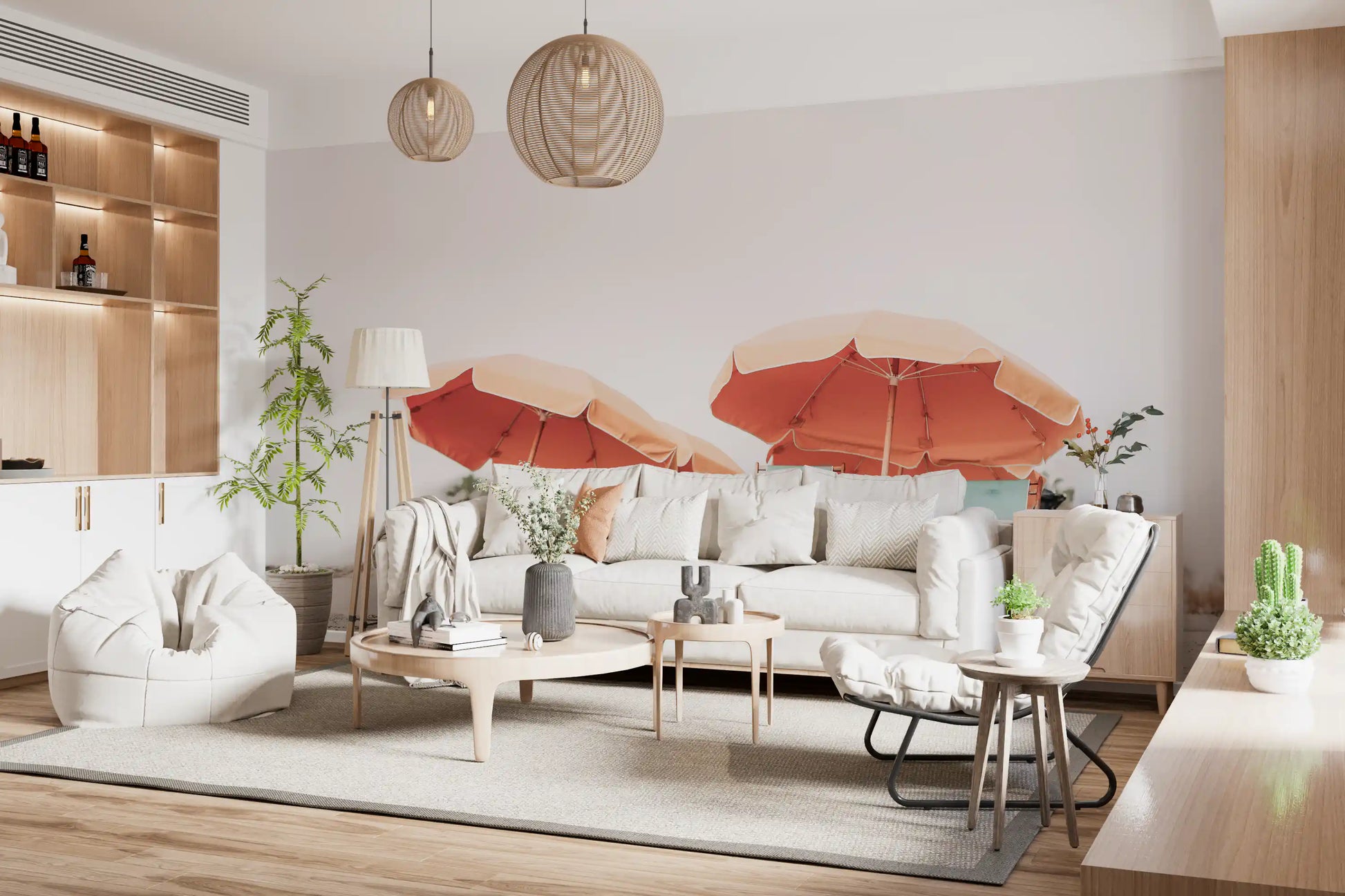 This Living room is perfectly accented by a vibrant Coastal Chillout wall mural