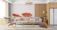 Orange sunshades and teal chairs fill the Coastal Chillout wall mural