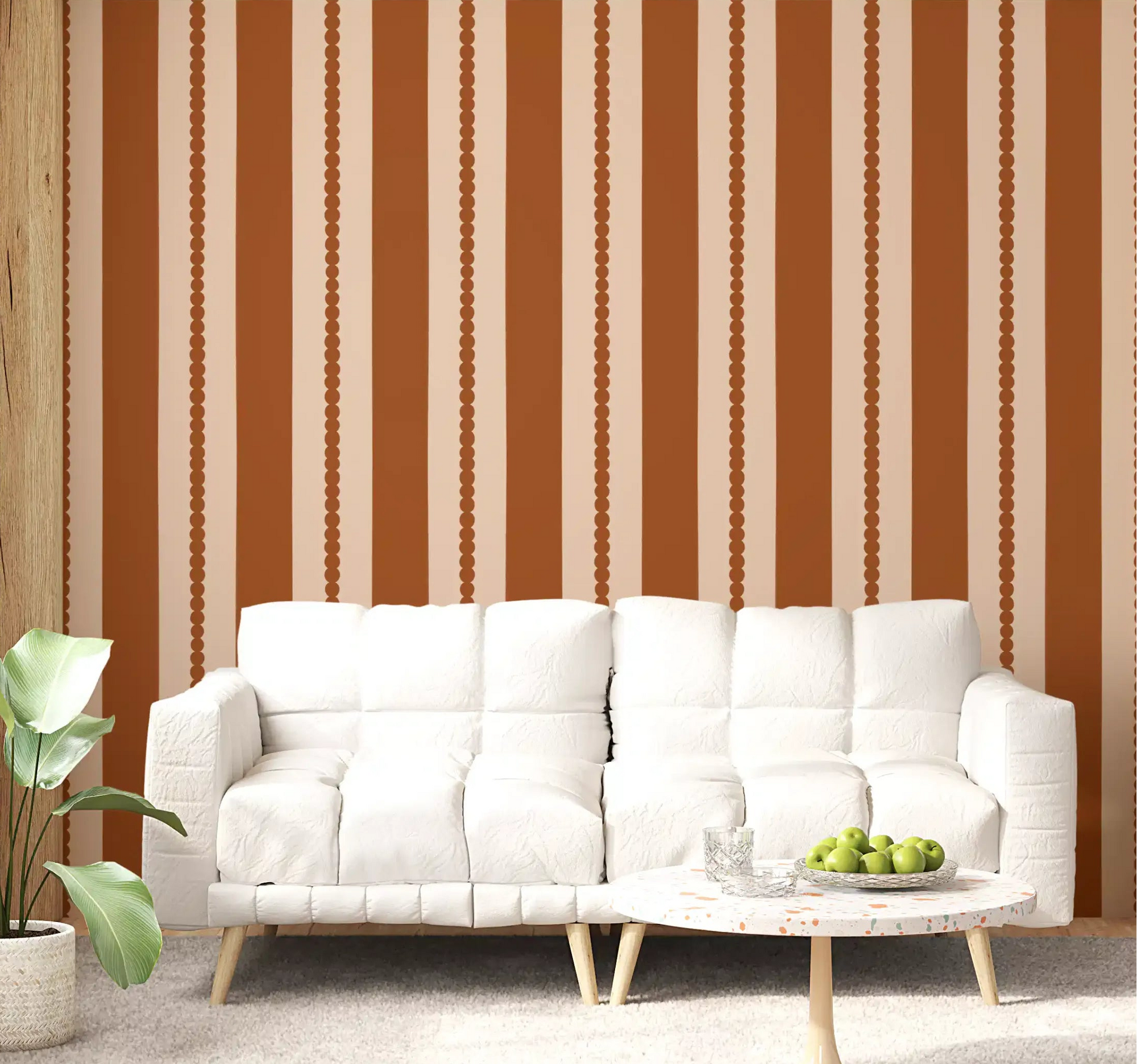 Warm Earth Stripes & Scallops Wallpaper featured inside a bright living room.