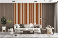 Warm Earth Stripes & Scallops Wallpaper viewed across a well lit lounge area.