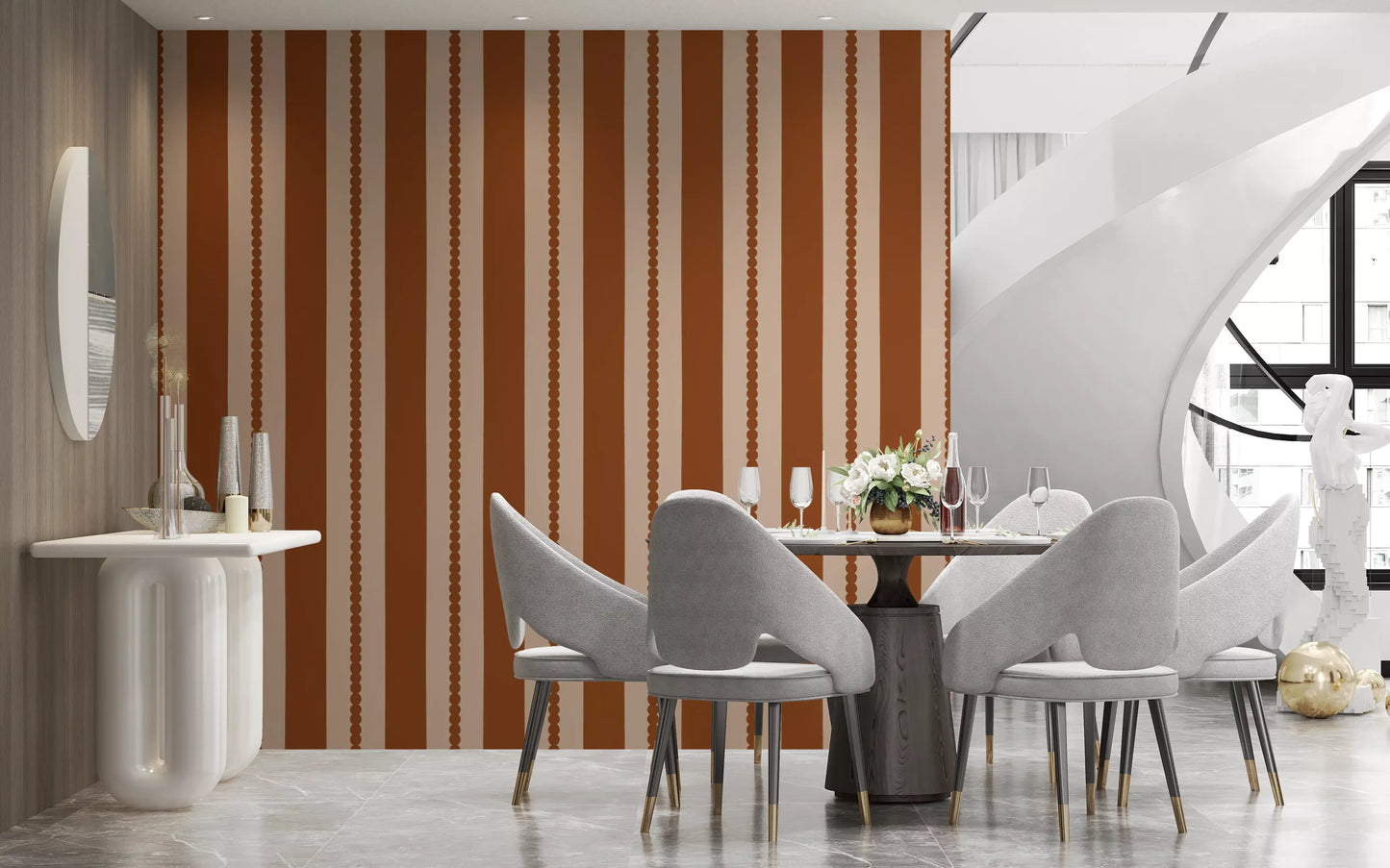 Warm Earth Stripes & Scallops Wallpaper displaying rounded dotted border marks.