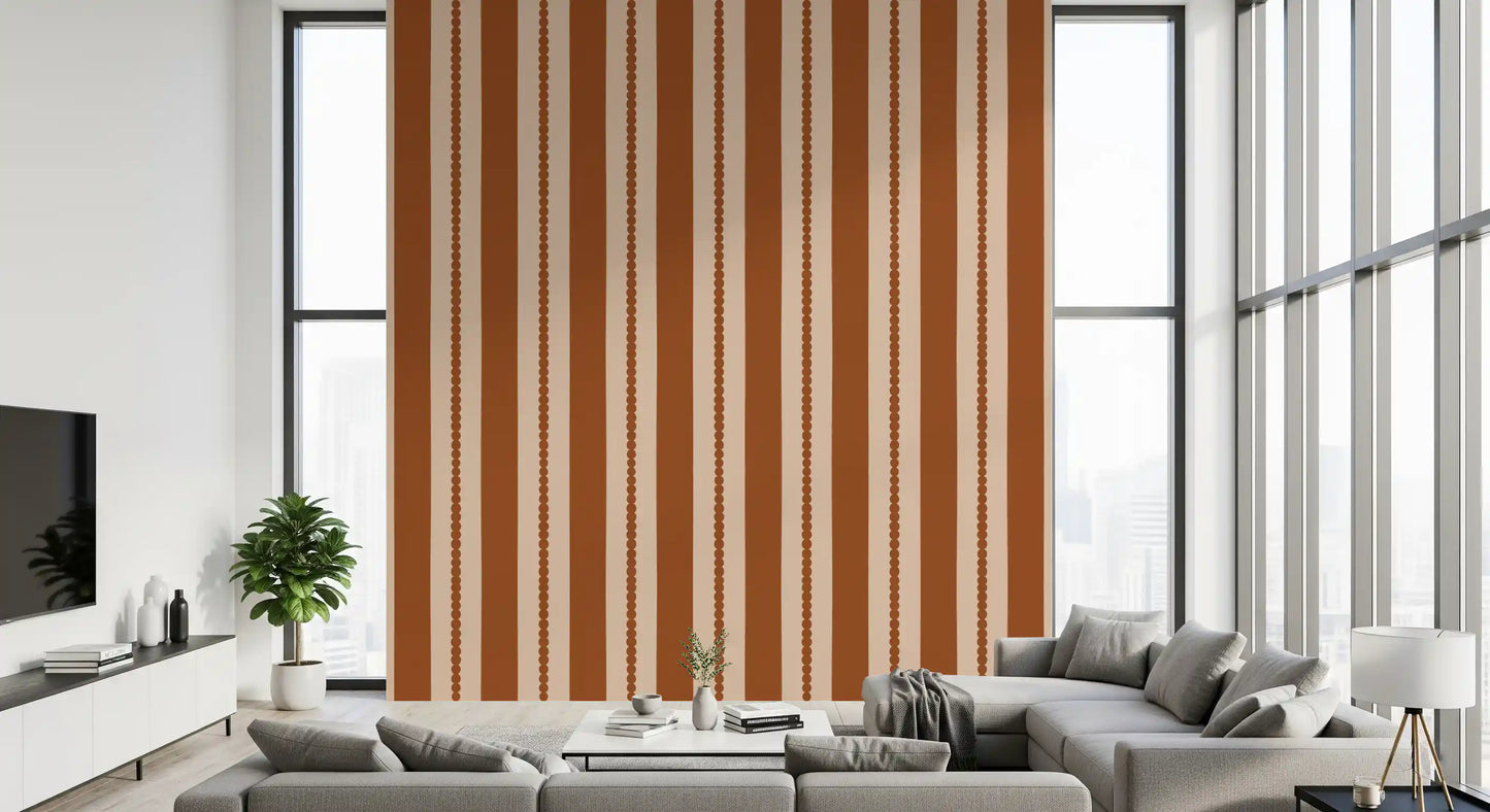 Warm Earth Stripes & Scallops Wallpaper applied within a modern Living room.