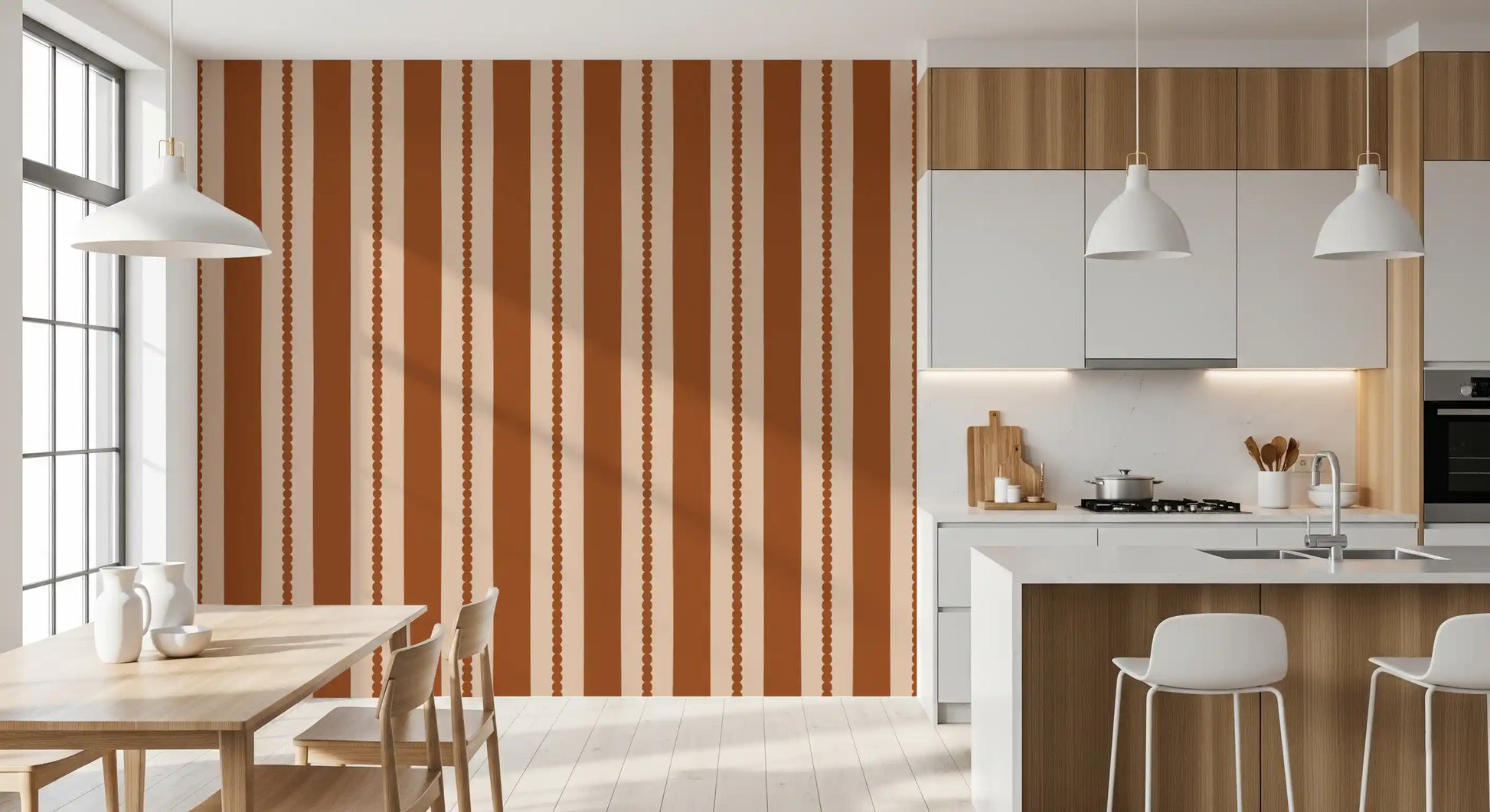 Close up view of the beige background on Warm Earth Stripes & Scallops Wallpaper.
