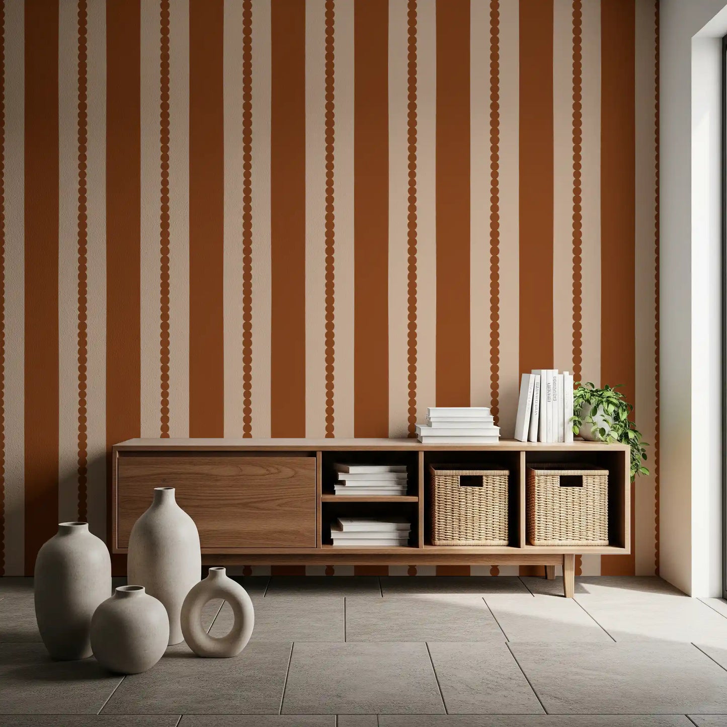 Vertical Stripes wallpaper running continuously along a home hallway.