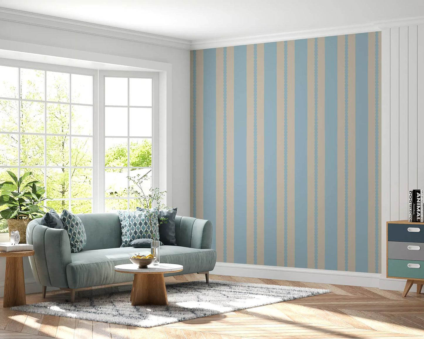 Detail of the curved edges on the Scalloped Serenity Stripes Wallpaper.