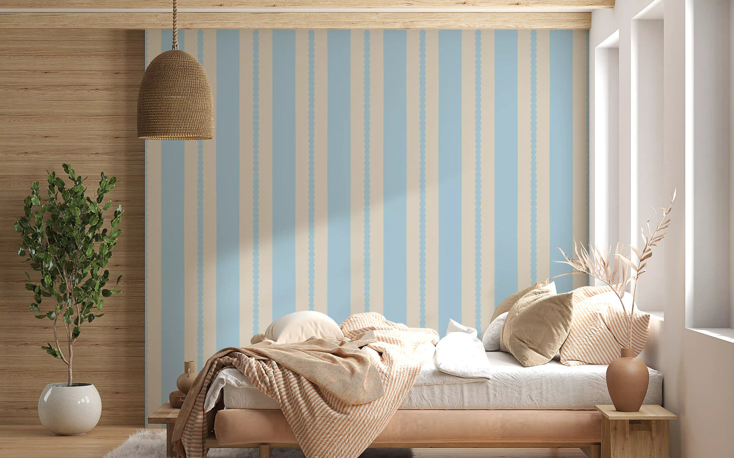 Straight blue lines from the Stripes wallpaper suit a large Bedroom.