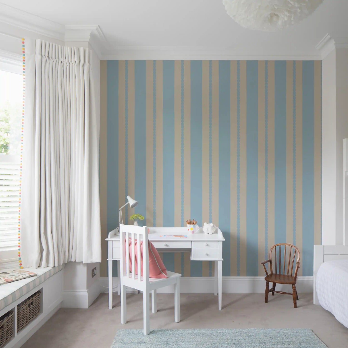 Scalloped Serenity Stripes Wallpaper applied in a quiet study corner.