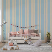 Scalloped Serenity Stripes Wallpaper displayed brightly in a kids' room.