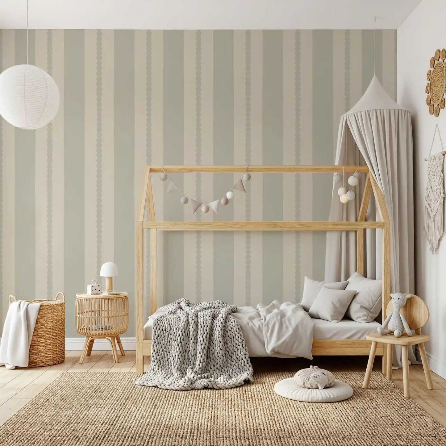 Close up of Muted Scallop & Dot Stripes Wallpaper showing sage and beige bands