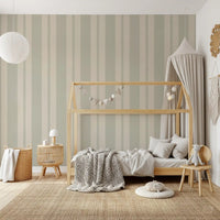 Close up of Muted Scallop & Dot Stripes Wallpaper showing sage and beige bands
