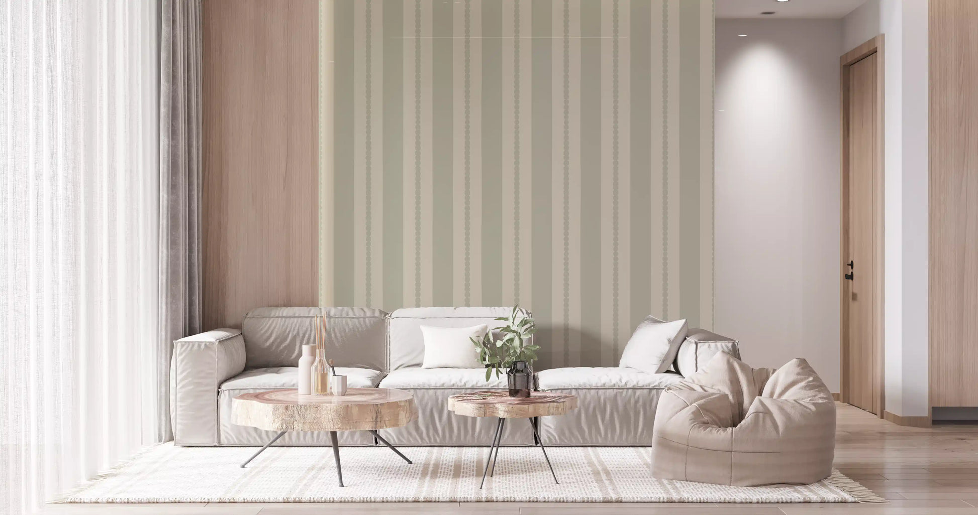 Living room showing striped wallpaper with a wooden bed frame on light floors