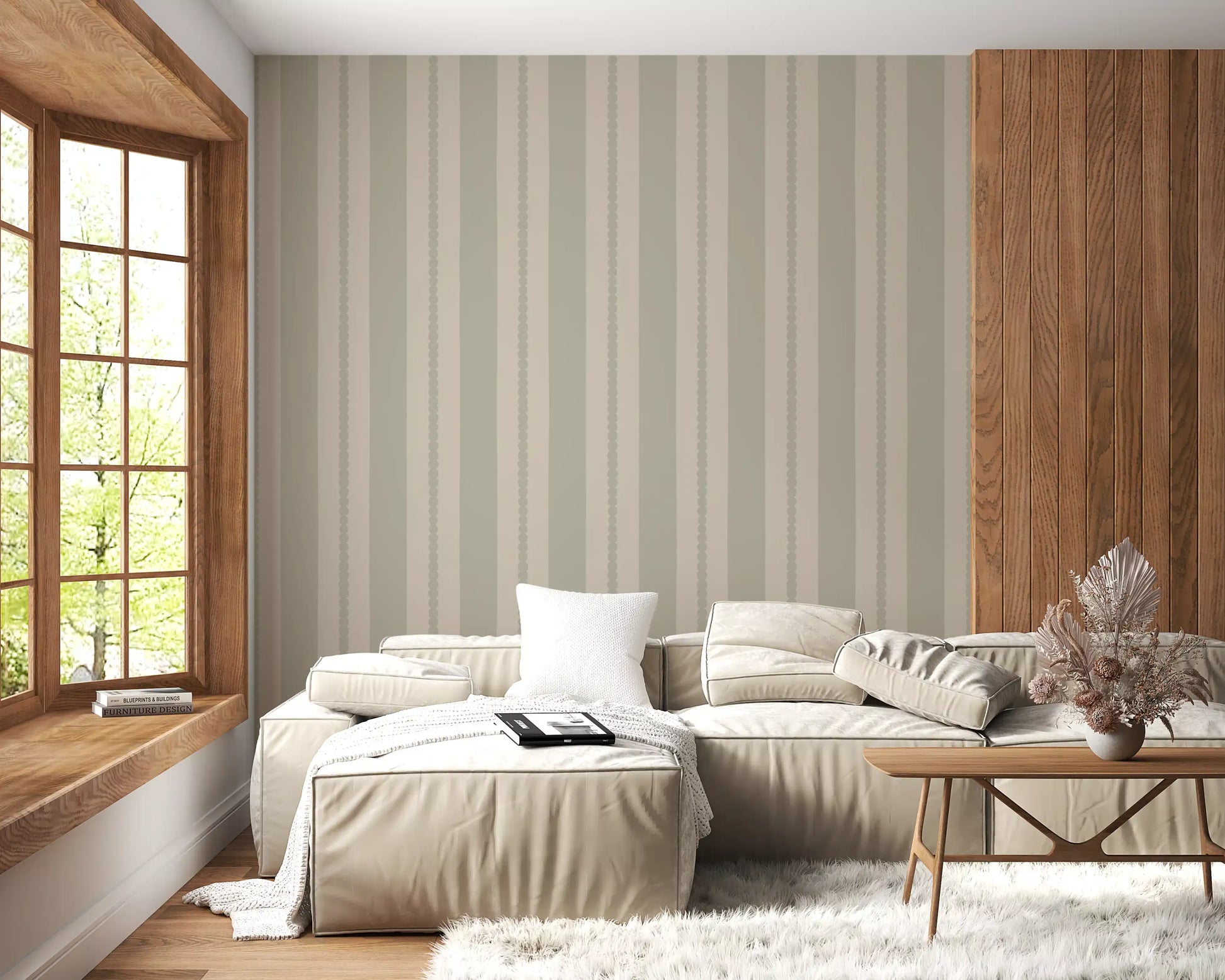 Vertical wallpaper pattern with alternating cream and green stripes and small circles