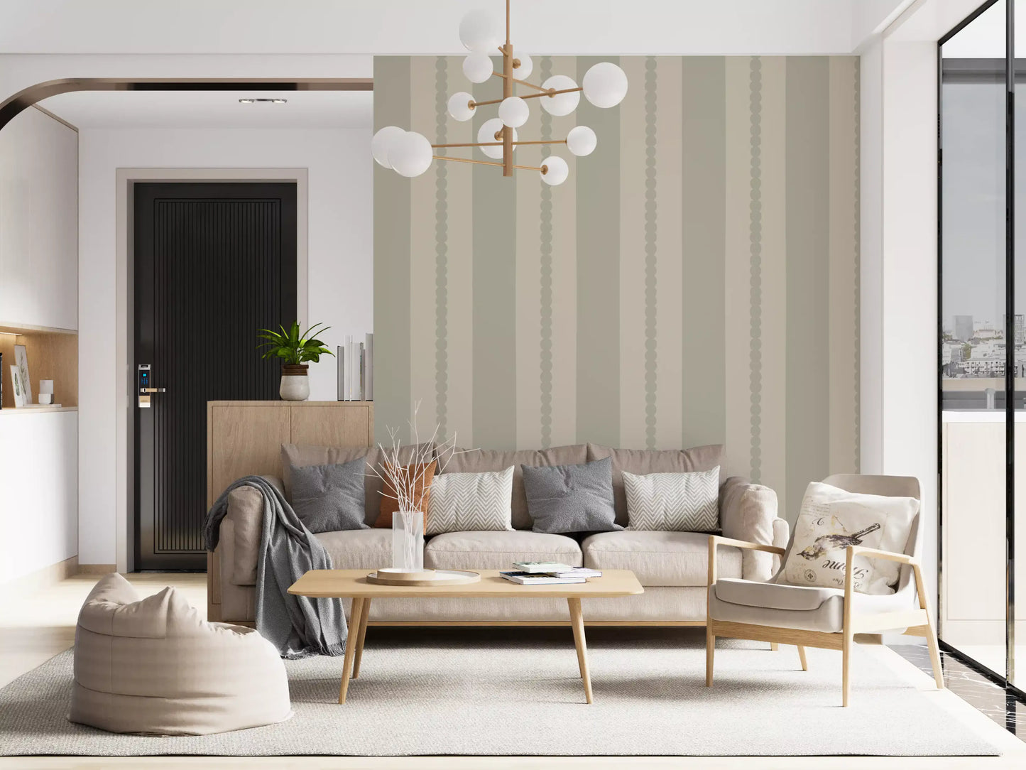 Muted Scallop & Dot Stripes Wallpaper applied in a modern Living room with neutral tones