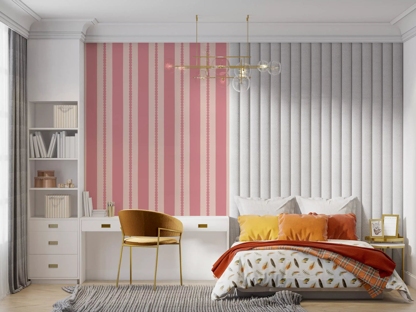 Wavy half circles running vertically down the Blush Scallop Stripes Wallpaper surface.
