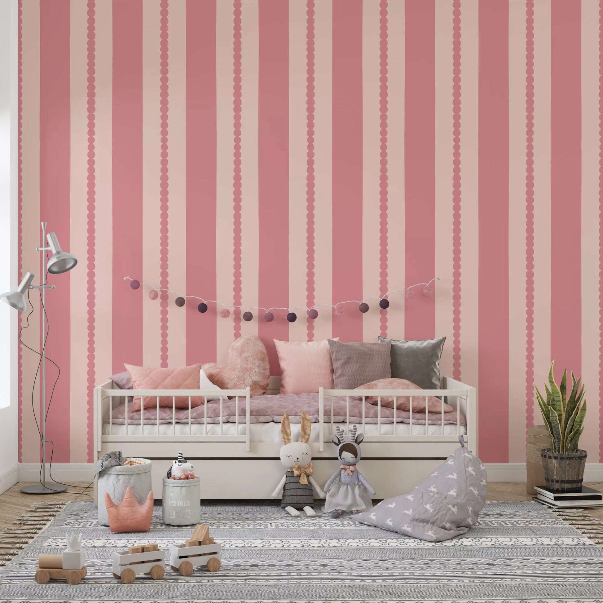 Blush Scallop Stripes Wallpaper adding two tone geometric shapes inside the Nursery.