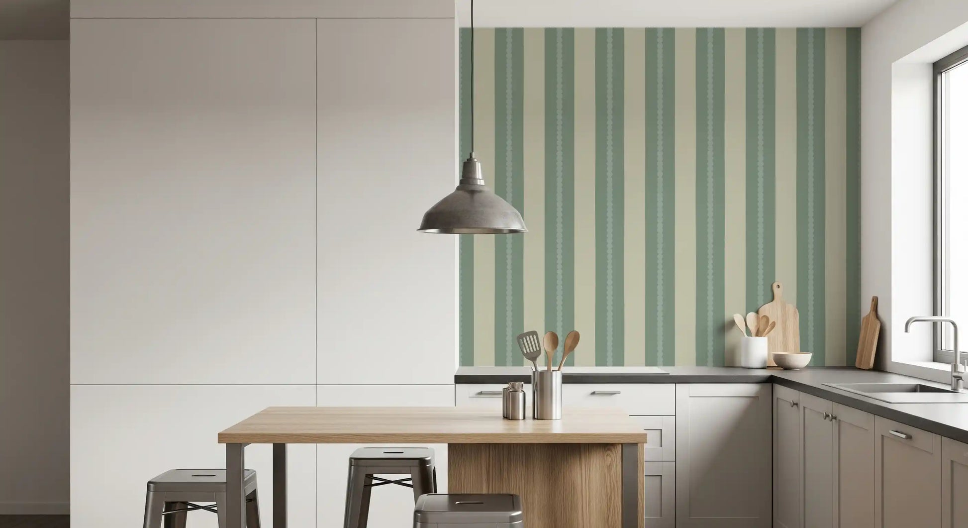 Beige wallpaper covering the surfaces of a Kitchen and dining room.