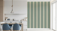 Soft Sage and Beige Stripes Wallpaper lining a minimalist dining room.
