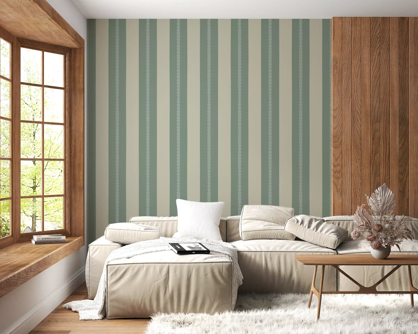 Soft Sage and Beige Stripes Wallpaper showing alternating scalloped edges.