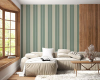 Soft Sage and Beige Stripes Wallpaper showing alternating scalloped edges.