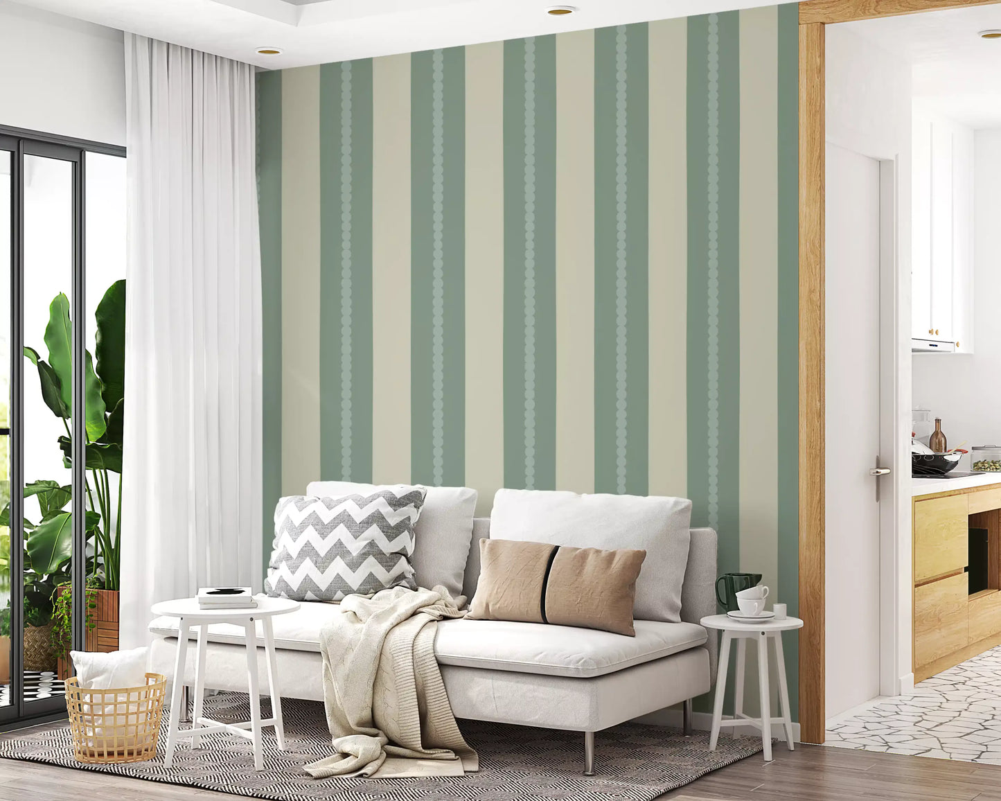 The Soft Sage and Beige Stripes Wallpaper with green and beige bands.
