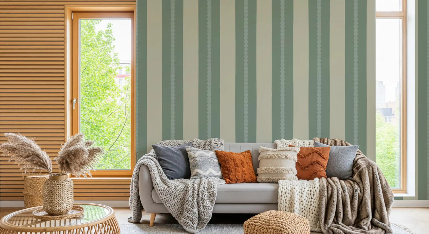 Vertical stripes on a beige wallpaper surface.