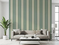 A Living room showing the Soft Sage and Beige Stripes Wallpaper pattern.