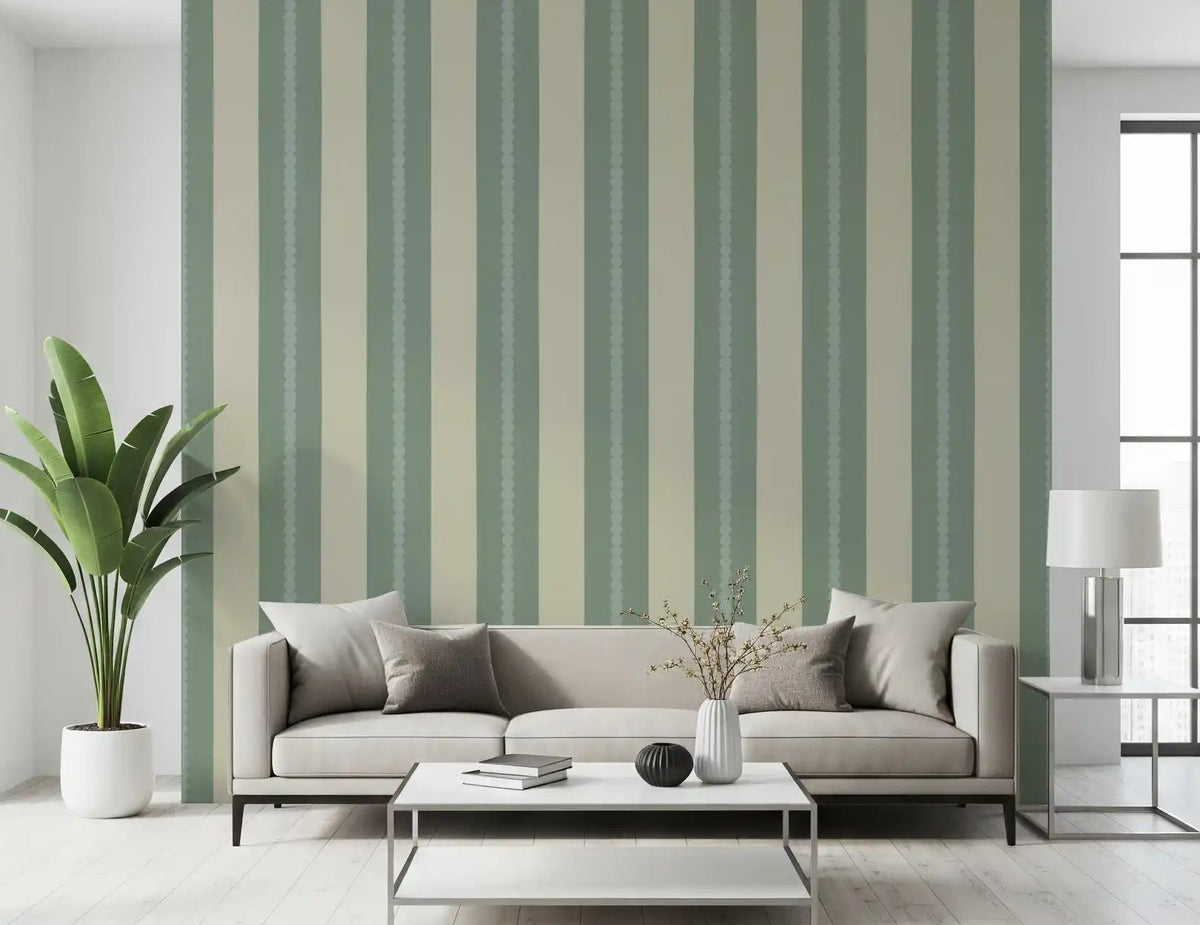 A Living room showing the Soft Sage and Beige Stripes Wallpaper pattern.