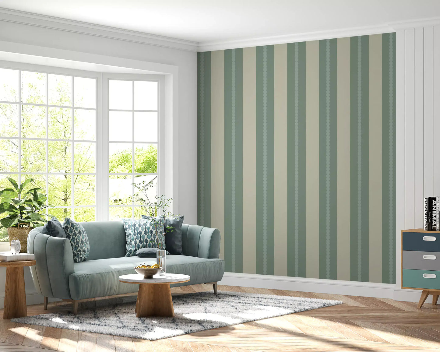 The Soft Sage and Beige Stripes Wallpaper installed in a sunny hallway.