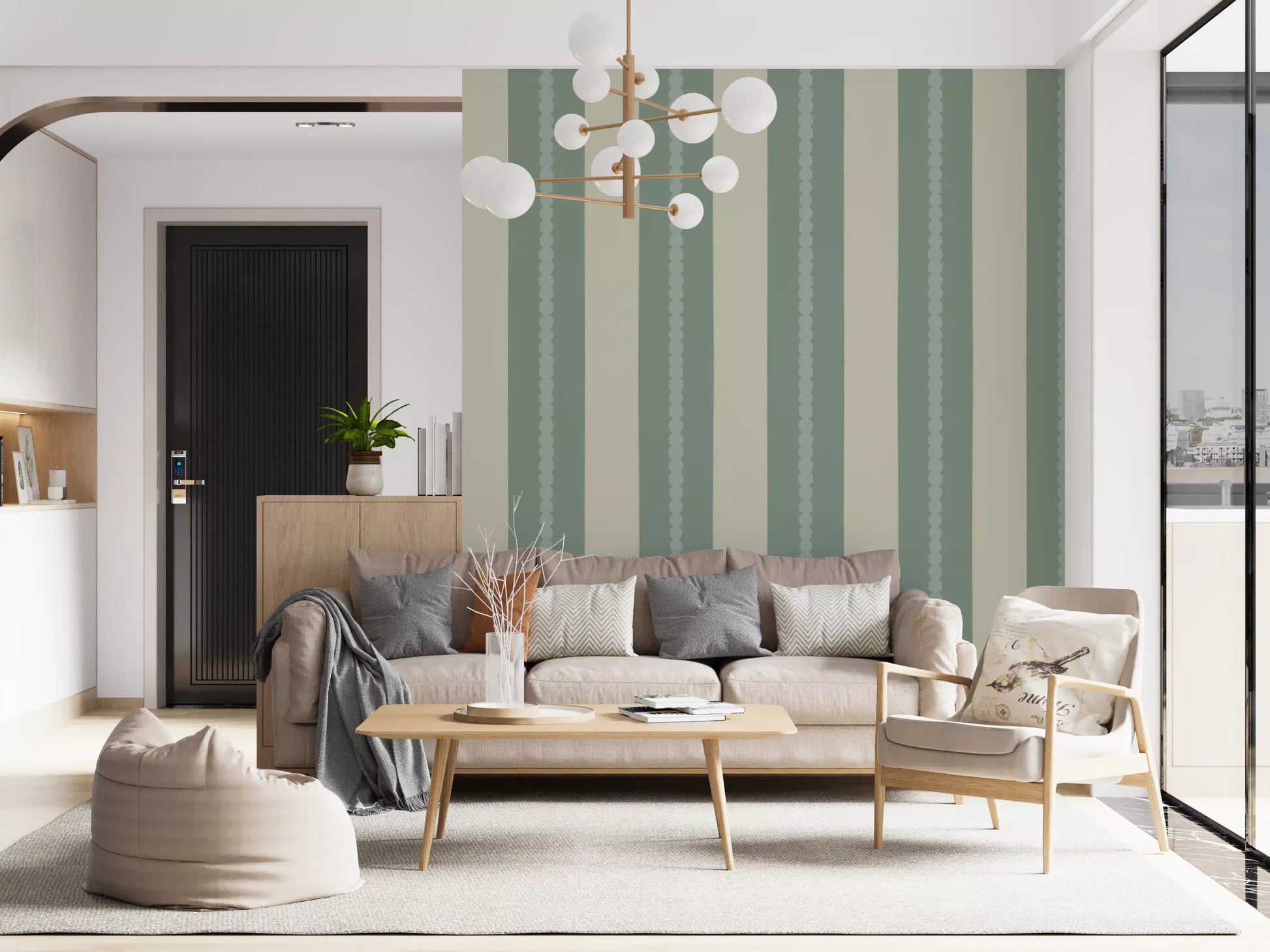 Beige Stripes Wallpaper in a quiet Living room setting.
