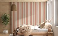 A wide Bedroom completely wrapped in a patterned Terracotta wallpaper