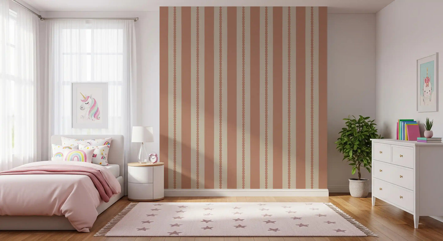 The entire large bedroom displays the Warm Sands & Terracotta Stripes Wallpaper
