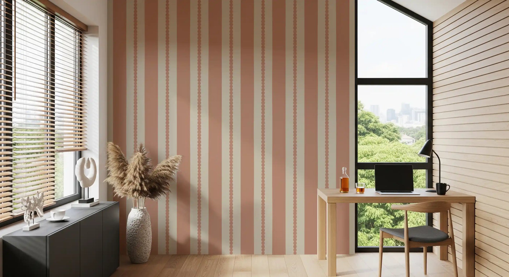 Warm Sands & Terracotta Stripes Wallpaper displaying scalloped beige borders