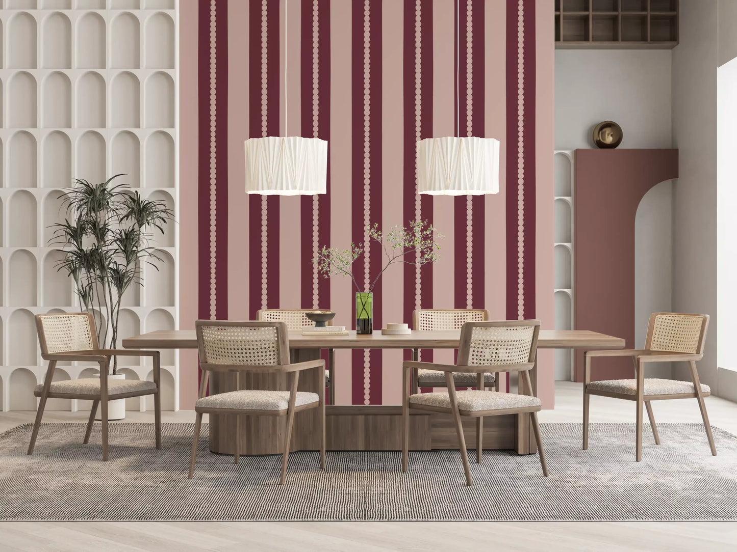 Blush & Berry Scallop Stripes Wallpaper on a Dining room 