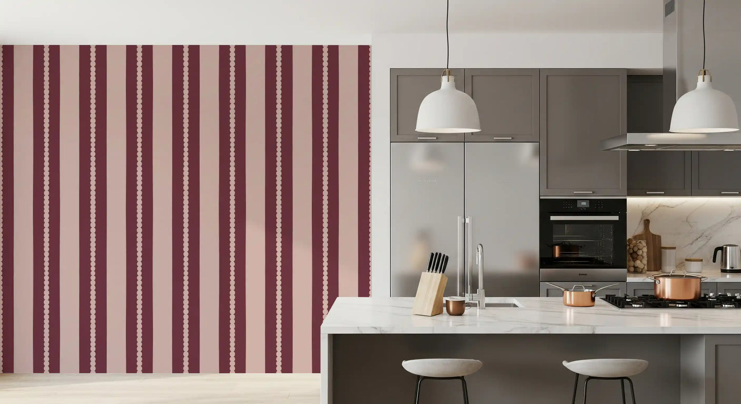 Blush & Berry Scallop Stripes Wallpaper in a minimal kitchen setup