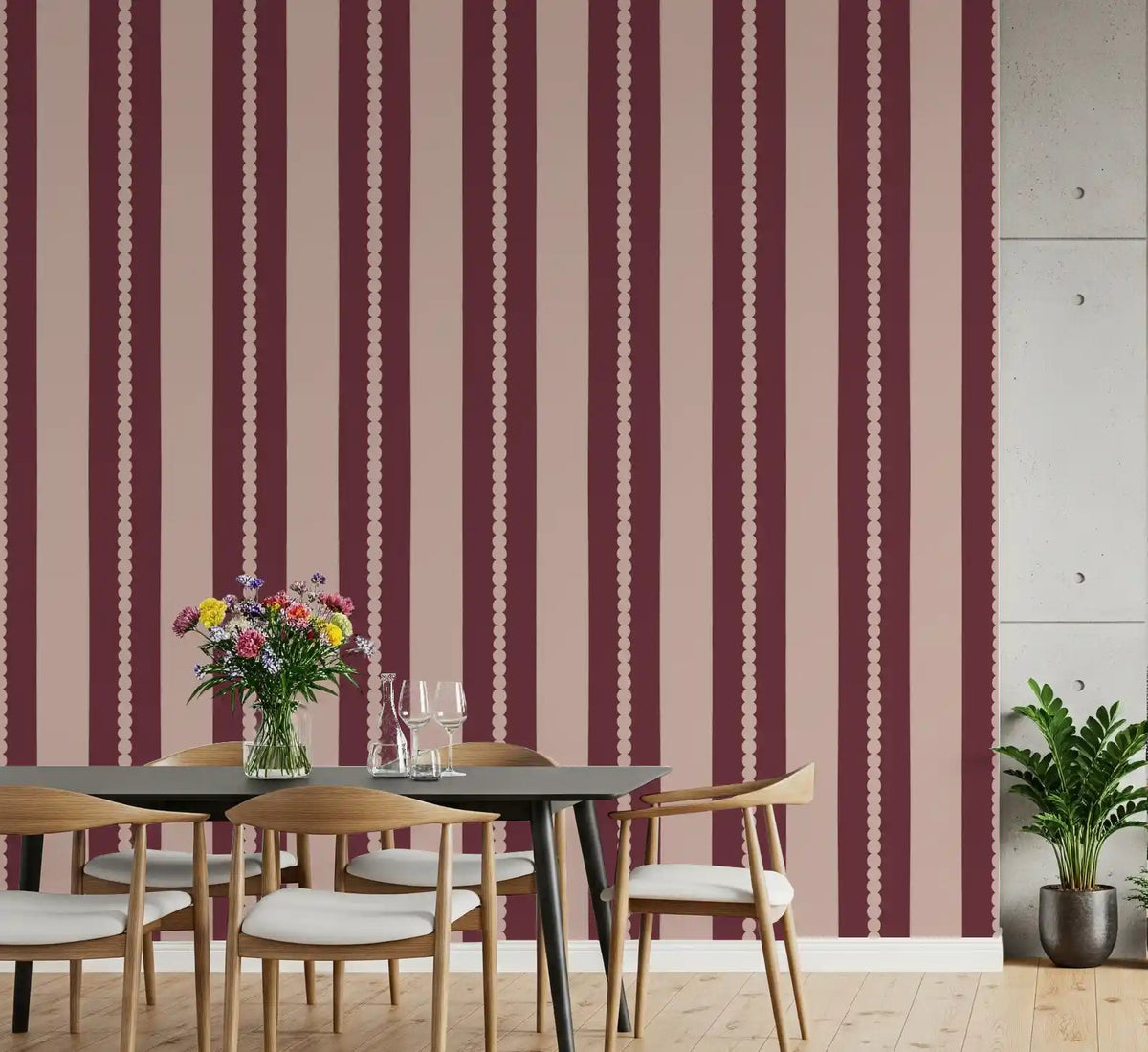 Blush & Berry Scallop Stripes Wallpaper in a bright dining room setup