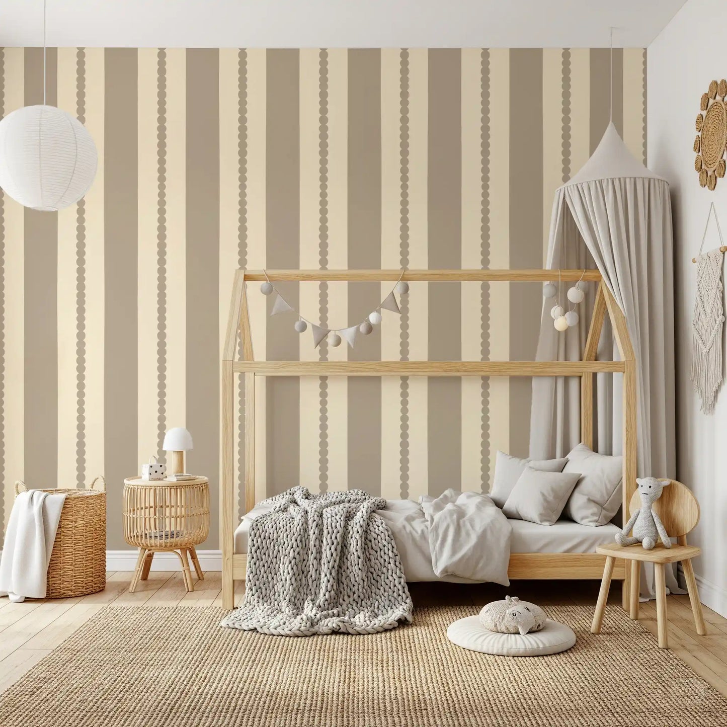 A close up view of the Subtle Scallop & Dot Stripes Wallpaper and its texture.