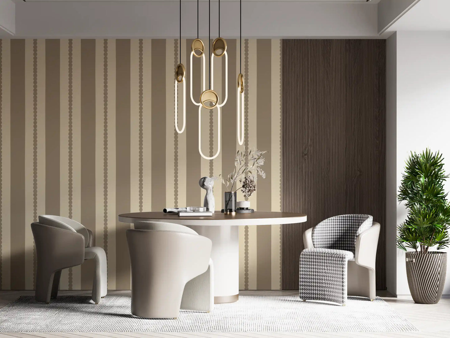 Beige stripes on this wallpaper appear in a warm Dining room setting.