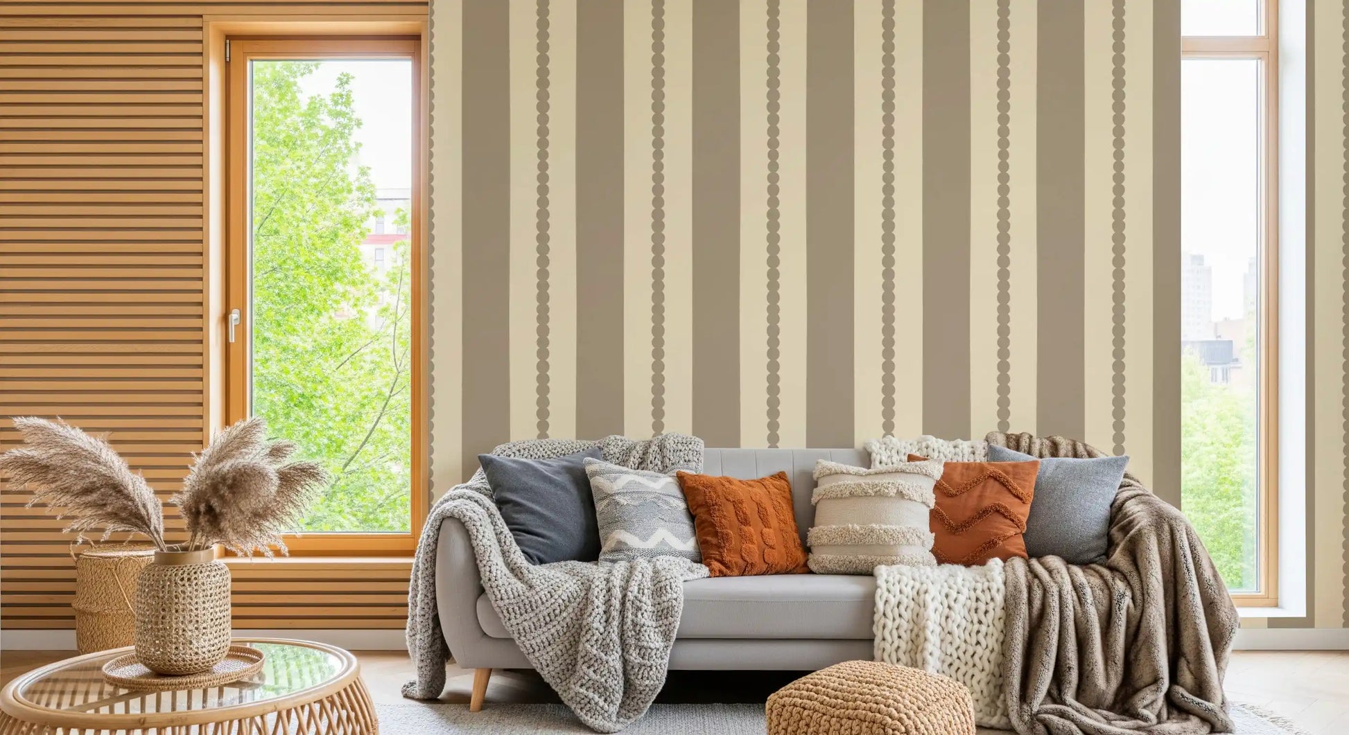 Clean lines of the Subtle Scallop & Dot Stripes Wallpaper in a Living room.