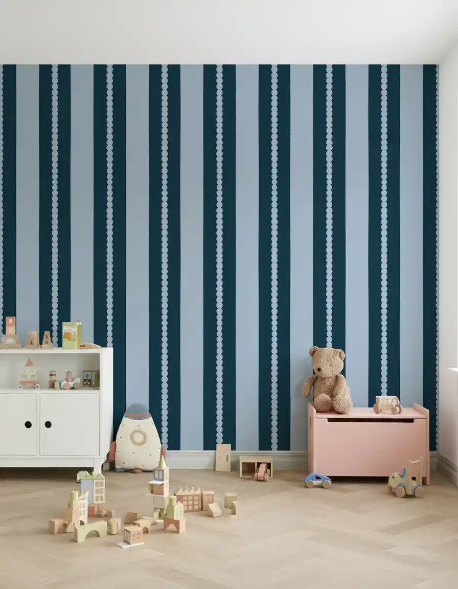Scallops and dots define the Scallop & Dot Vertical Harmony Wallpaper⁠.