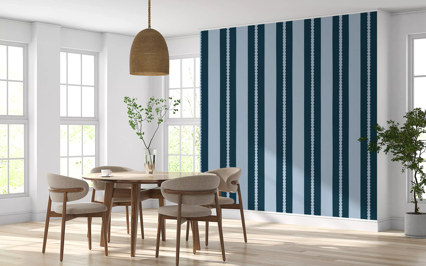 In the Dining room, the Scallop & Dot Vertical Harmony Wallpaper⁠ rests.