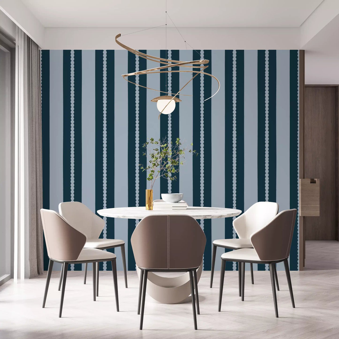 The dining room is finished with the Scallop & Dot Vertical Harmony Wallpaper⁠.