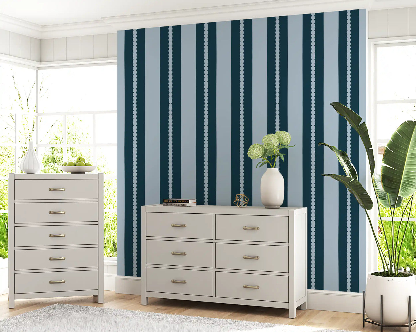 The Scallop & Dot Vertical Harmony Wallpaper⁠ features alternating navy bands.