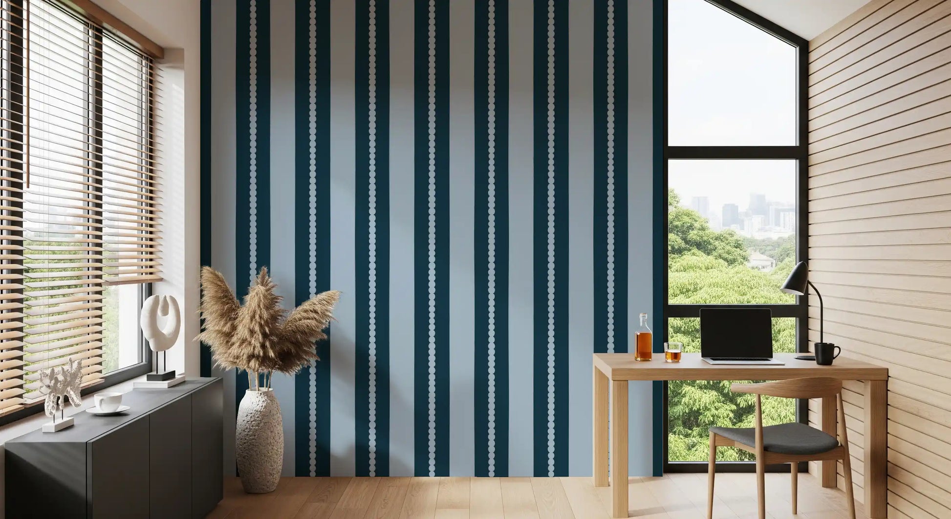 This home office features the Scallop & Dot Vertical Harmony Wallpaper⁠