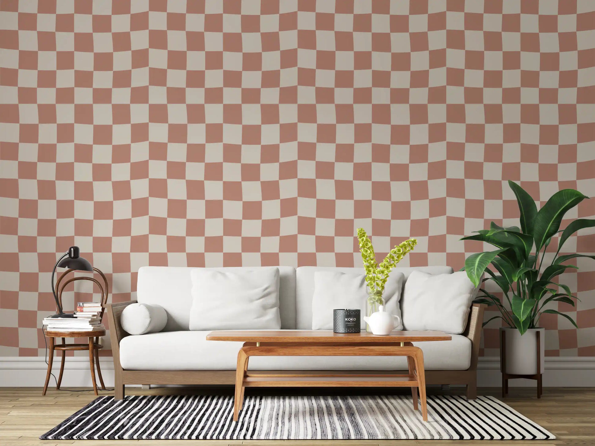 The Peach Cream Checker Waves wallpaper sets the mood in a living room.