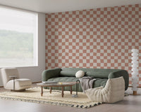 Close observation of the Peach Cream Checker Waves wallpaper shows the organic grid.