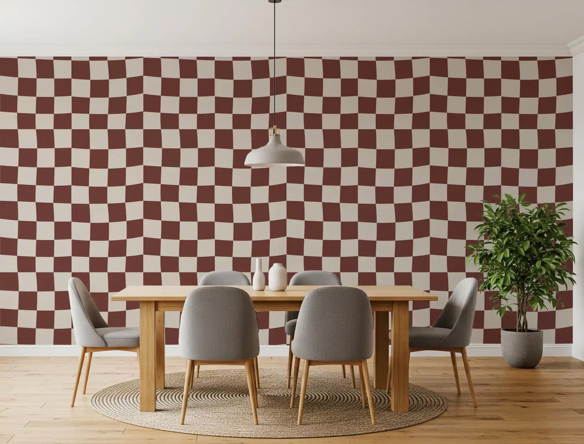 Dining room space with Groovy Checkered Ripple wallpaper.