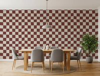 Dining room space with Groovy Checkered Ripple wallpaper.
