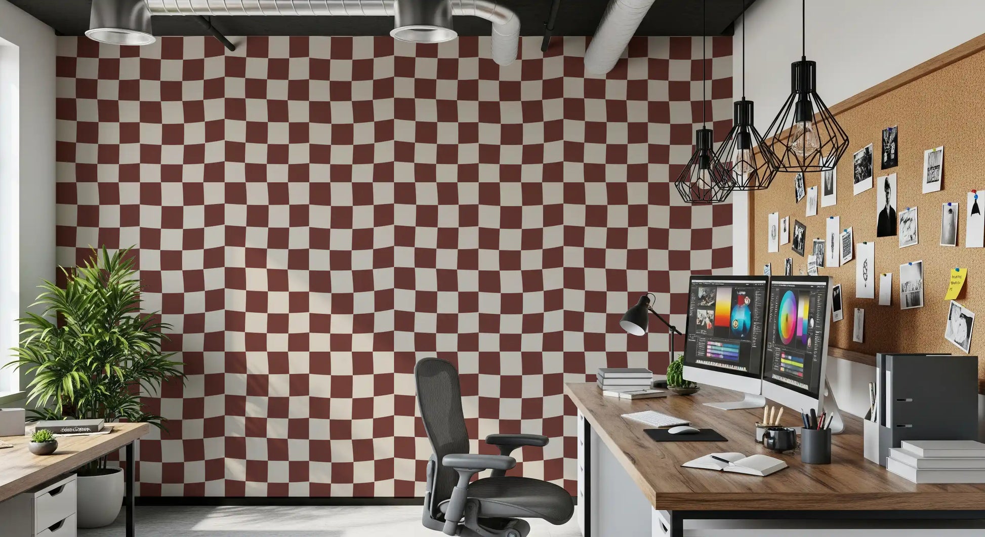 Brown and beige squares create motion in this checkered wallpaper.