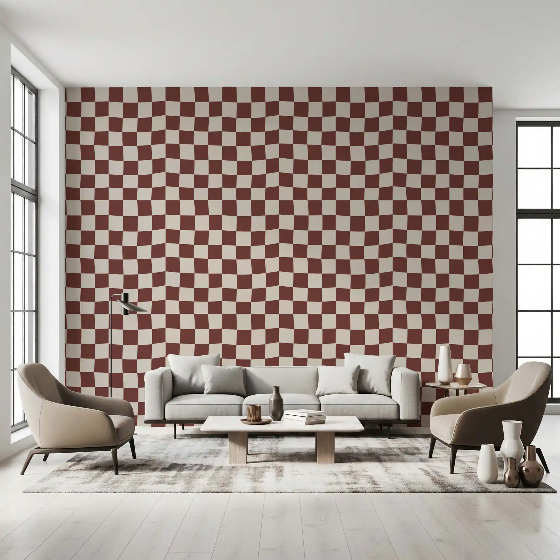 Living room Brown squares characterize this checkered wallpaper.